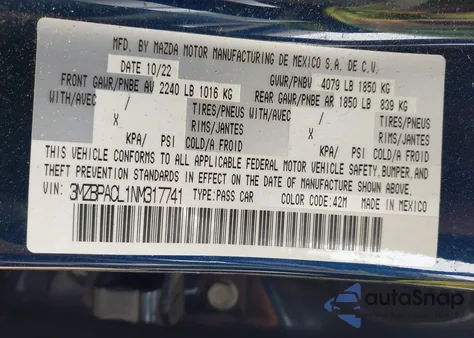 2022 Mazda Mazda3 Preferred из США, поврежденный, VIN 3MZBPACL1NM317741